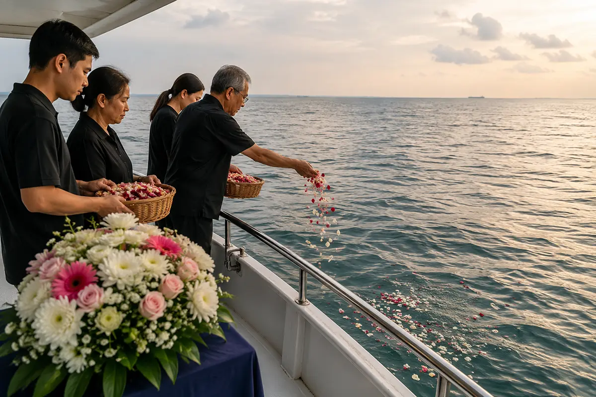 proses tabur bungga di laut Jakarta dengaan Boat